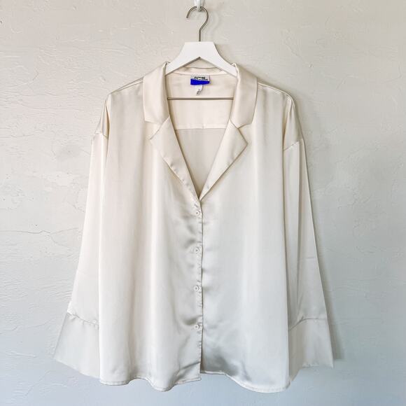 Future Collective Kahlana Barfield Brown White Satin Blouse 1X - Picture 1 of 5